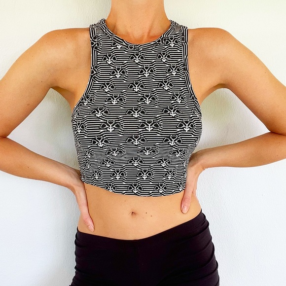 ZARA black white floral stripe cropped bodycon tank size medium - Picture 1 of 10